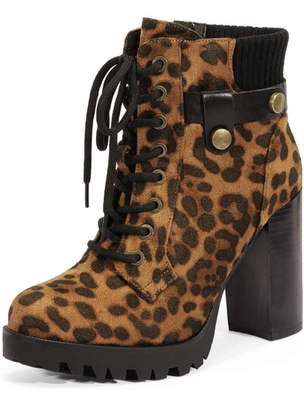 Women's Leopard Round Toe Chunky Platform Heels Lace Up Combat Ankle Booties